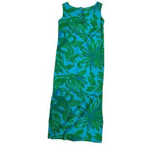 Vintage Hawaiian Togs Liberty House Tiki Maxi Dress Medium Blue Green Retro 60s